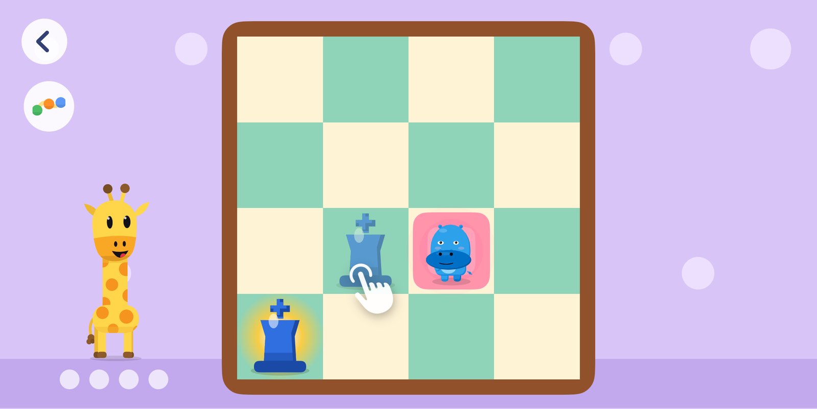 Chess Steps: a 4×4 board with a glowing blue king, a Fonki token to reach, and Zipchik watching from the side