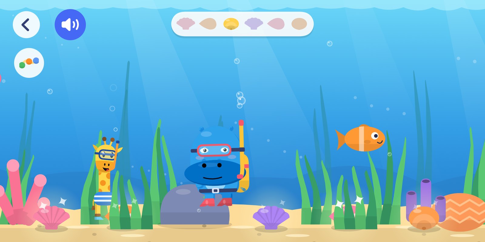 Shell Dive: Fonki in a diving mask and snorkel on the sea floor, Zipchik beside her, a fish swimming past and a row of shells to find