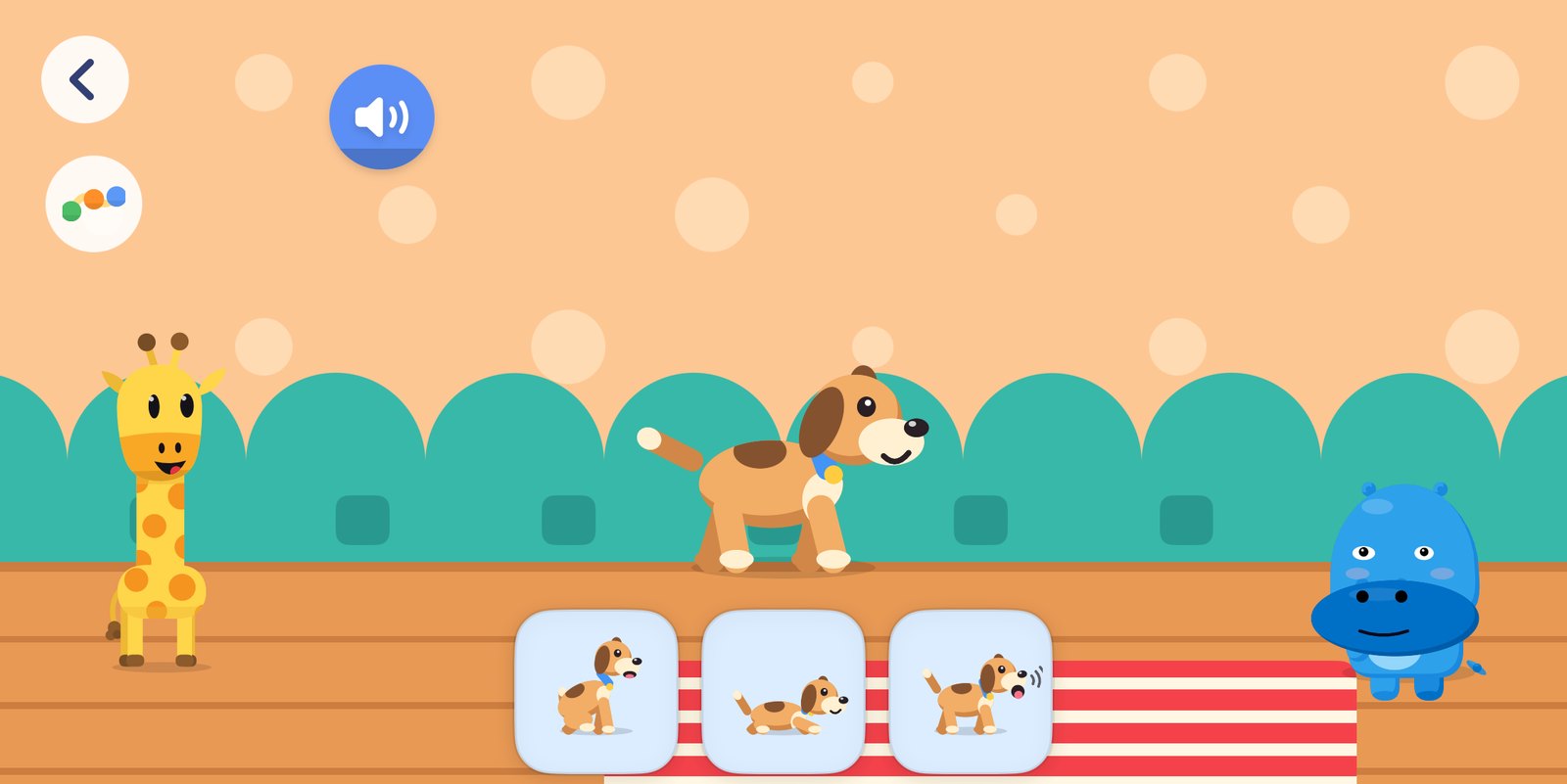 Puppy tricks: a puppy in the living room between Zipchik and Fonki, with three trick cards below it