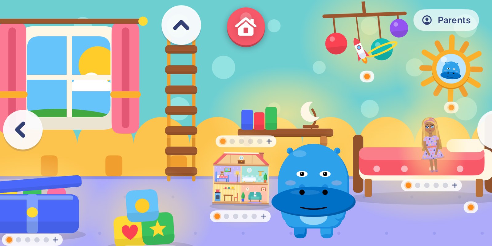 Fonki's room in the app: a rocket bed, a sunburst mirror, blocks, a doll house and Fonki standing in the middle